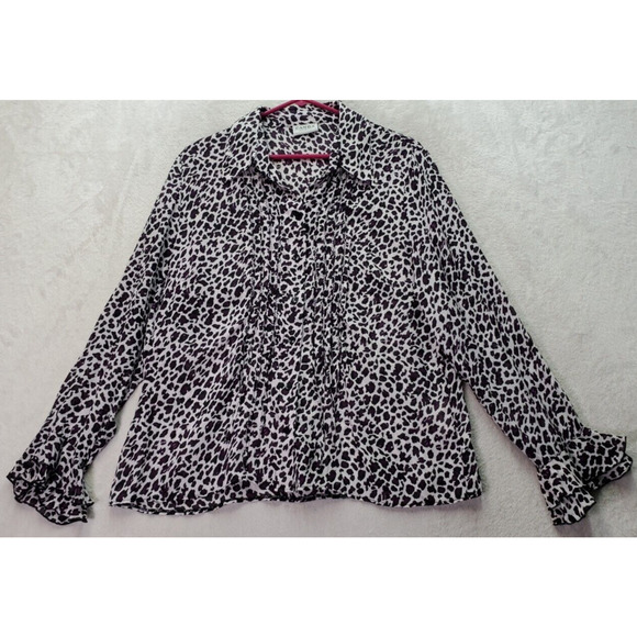 Canda Blouse Top Women's M‎ White Purple Leopard Print Sheer Collar Button Front - Picture 1 of 9
